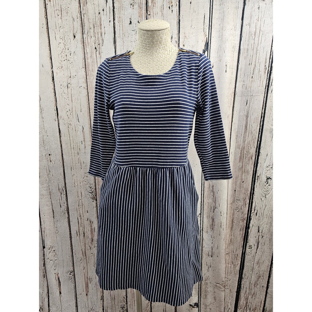 Boden Navy White Striped 3/4 Sleeve Nautical Flare Dress Pockets Size 10 EUC